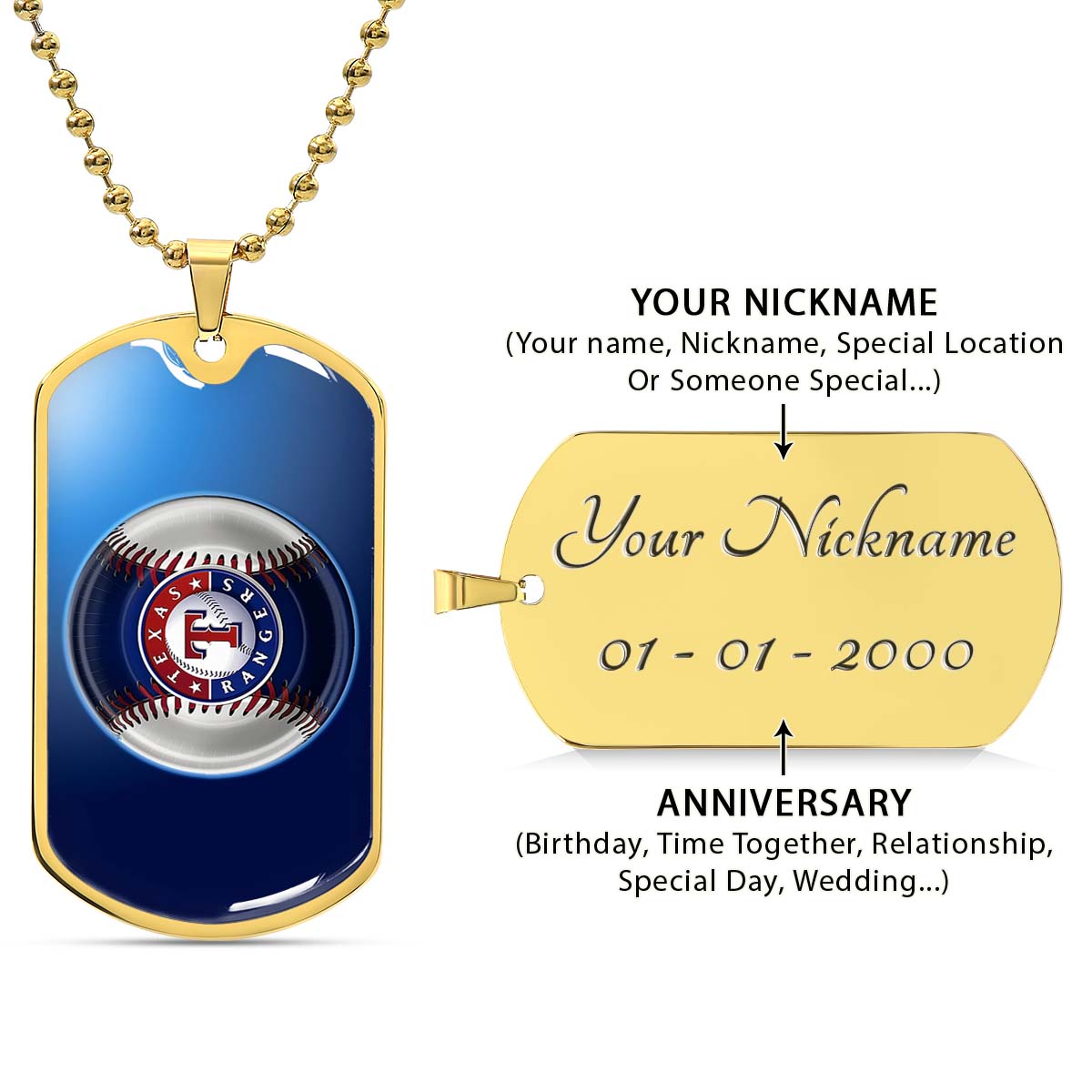 Baseball Dog Tag Necklace - BBD012 - Texas Rangers - Military Ball Chain