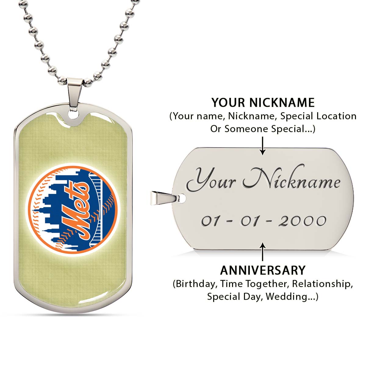 Baseball Dog Tag Necklace - BBD013 - New York Mets - Military Ball Chain