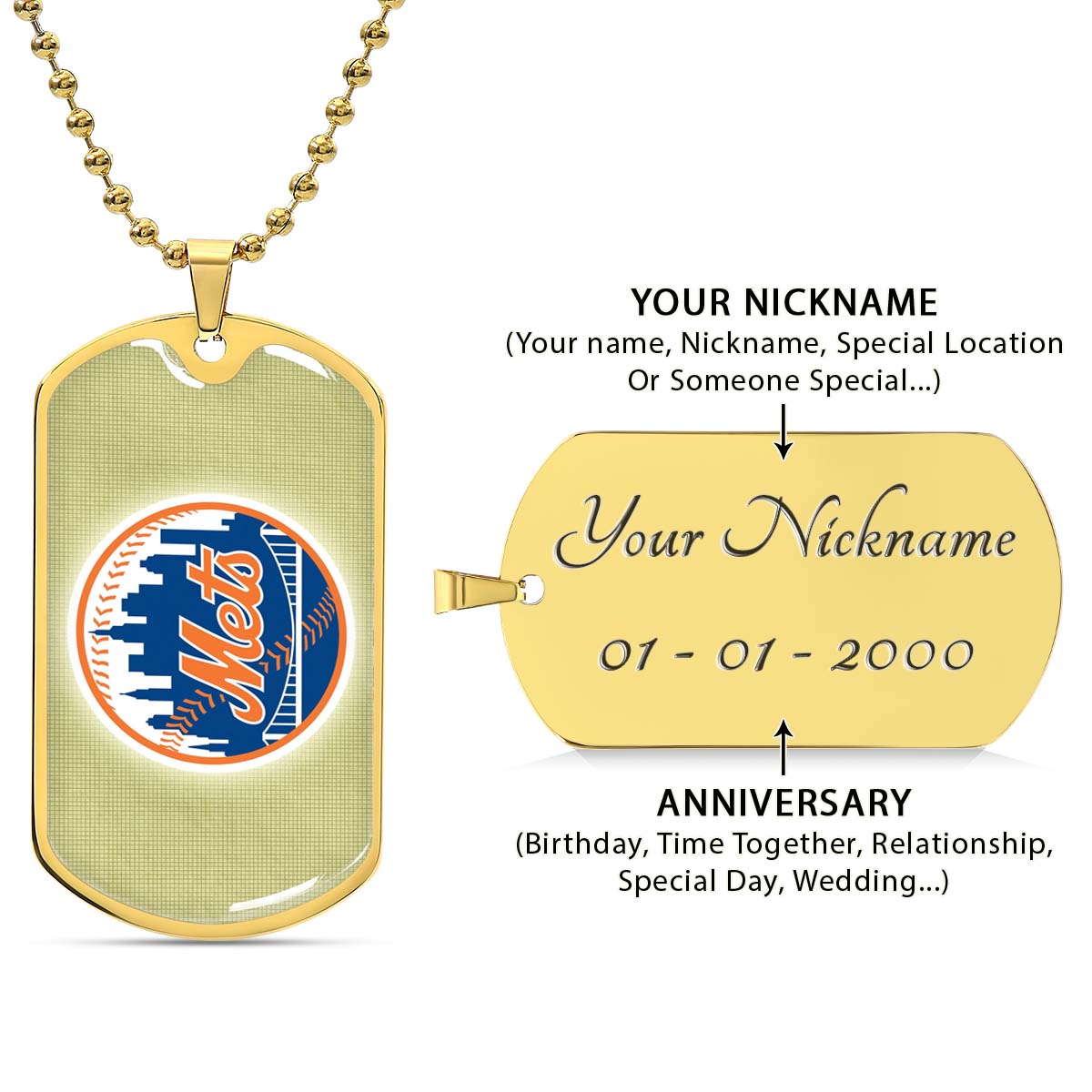 Baseball Dog Tag Necklace - BBD013 - New York Mets - Military Ball Chain