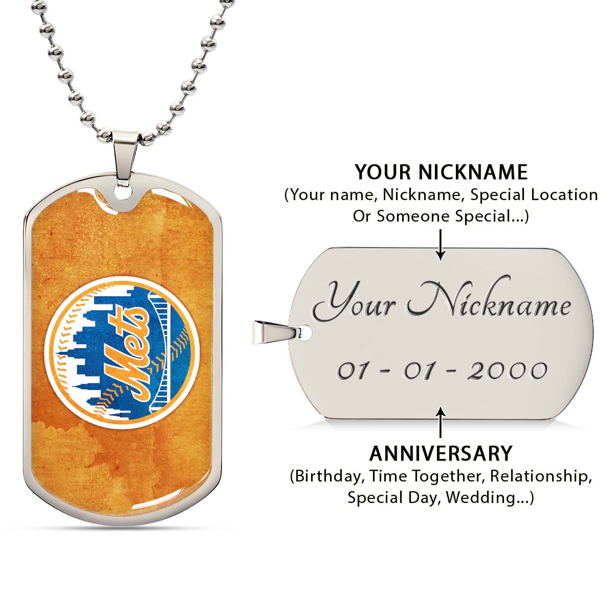 Baseball Dog Tag Necklace - BBD014 - New York Mets - Military Ball Chain