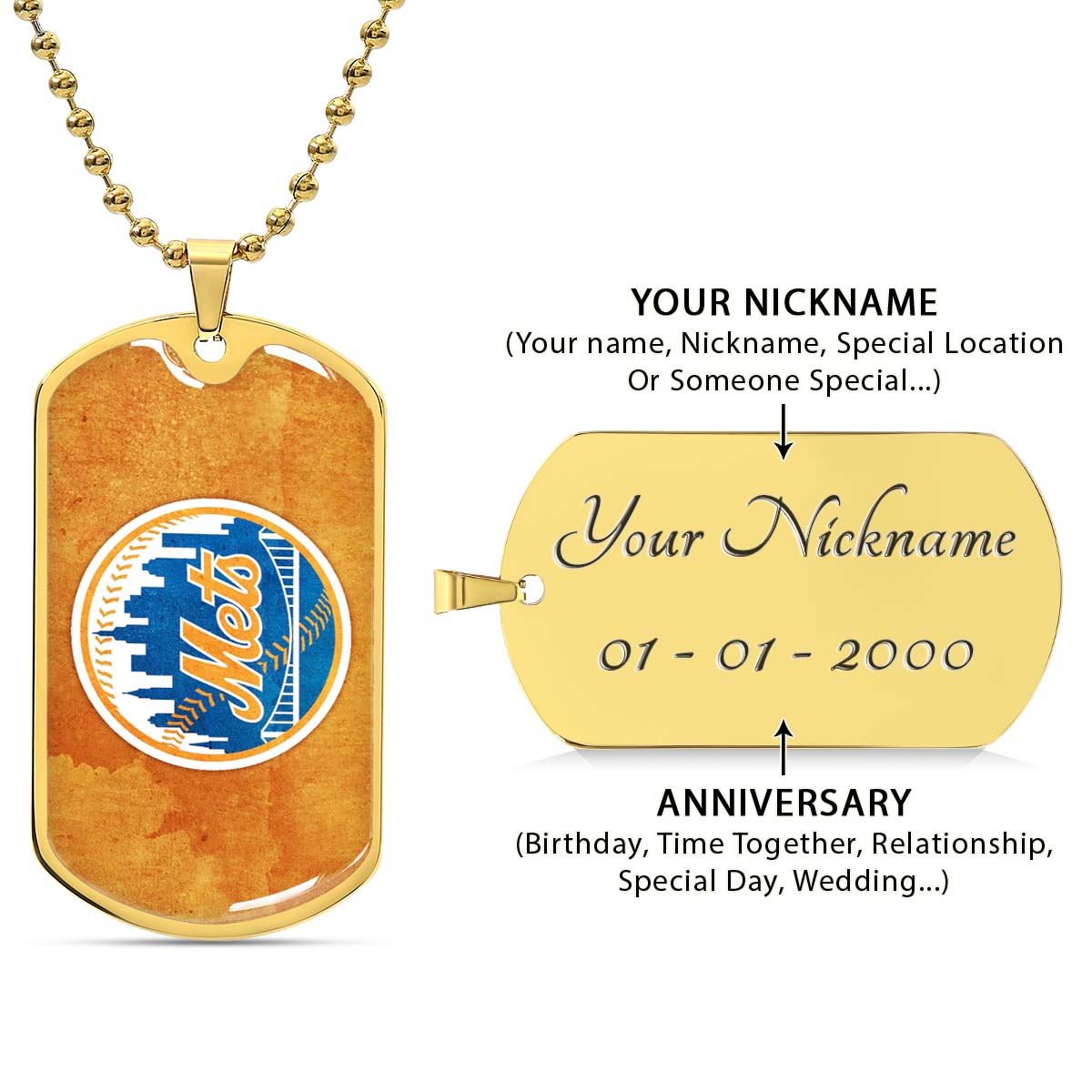 Baseball Dog Tag Necklace - BBD014 - New York Mets - Military Ball Chain