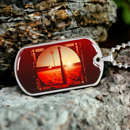 Baseball Dog Tag Necklace - BBD017 - Sunset Baseball Bat - Military Ball Chain