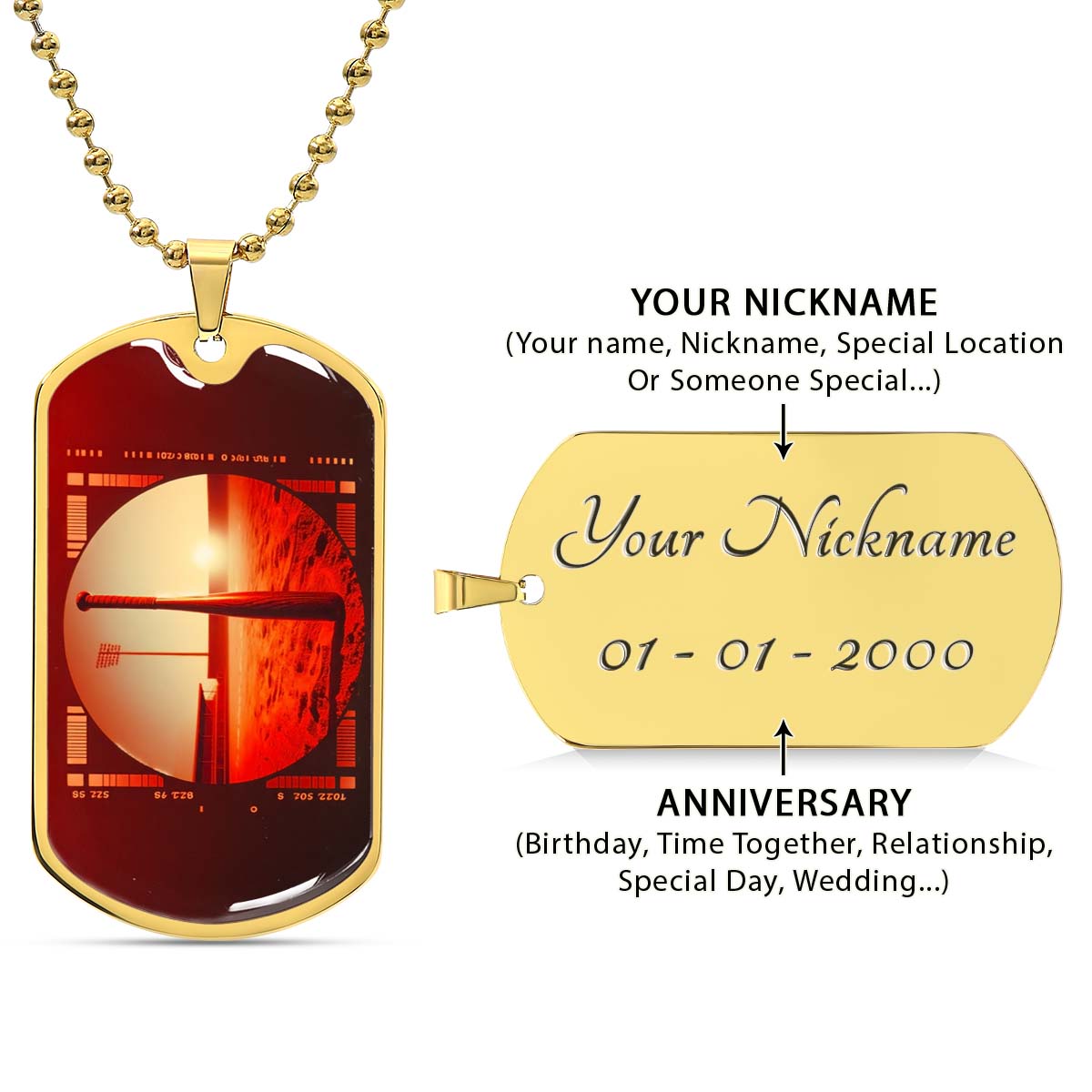 Baseball Dog Tag Necklace - BBD017 - Sunset Baseball Bat - Military Ball Chain