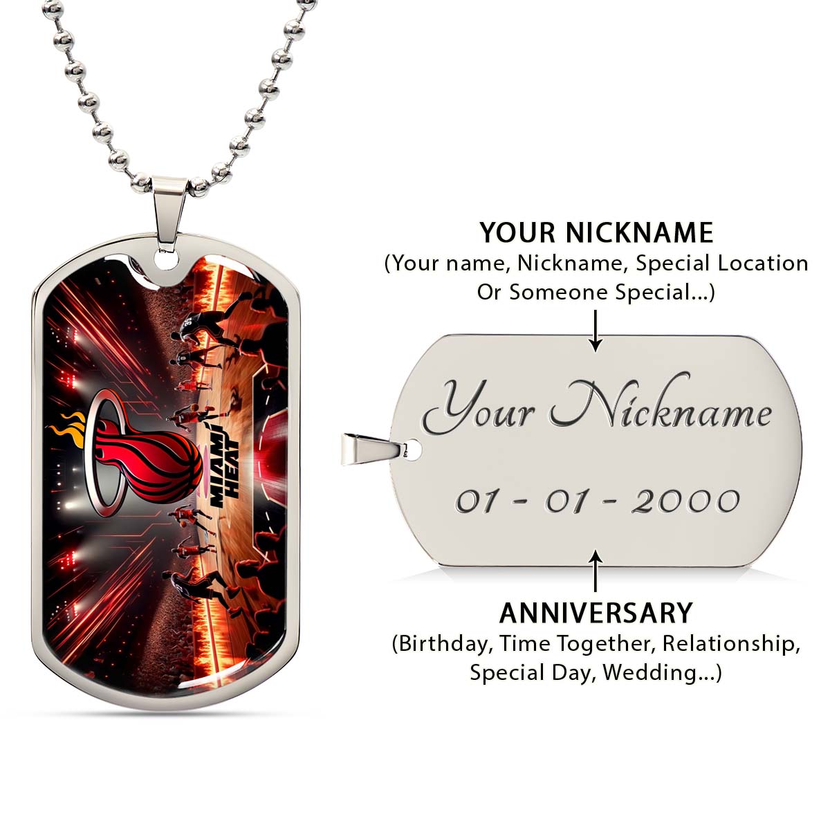 Basketball Dog Tag Necklace - BKD003 - Miami Heat Basketball - Military Ball Chain