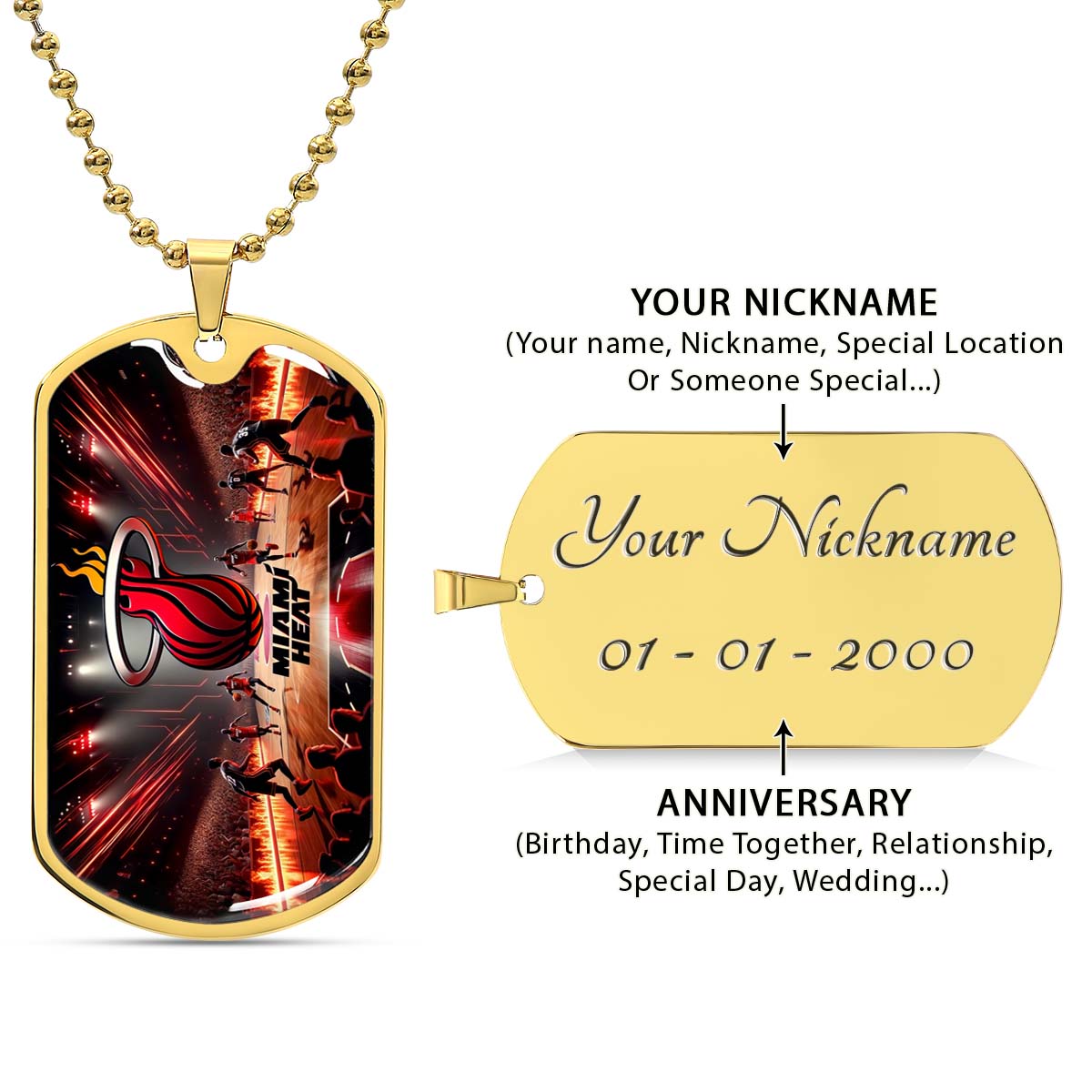 Basketball Dog Tag Necklace - BKD003 - Miami Heat Basketball - Military Ball Chain
