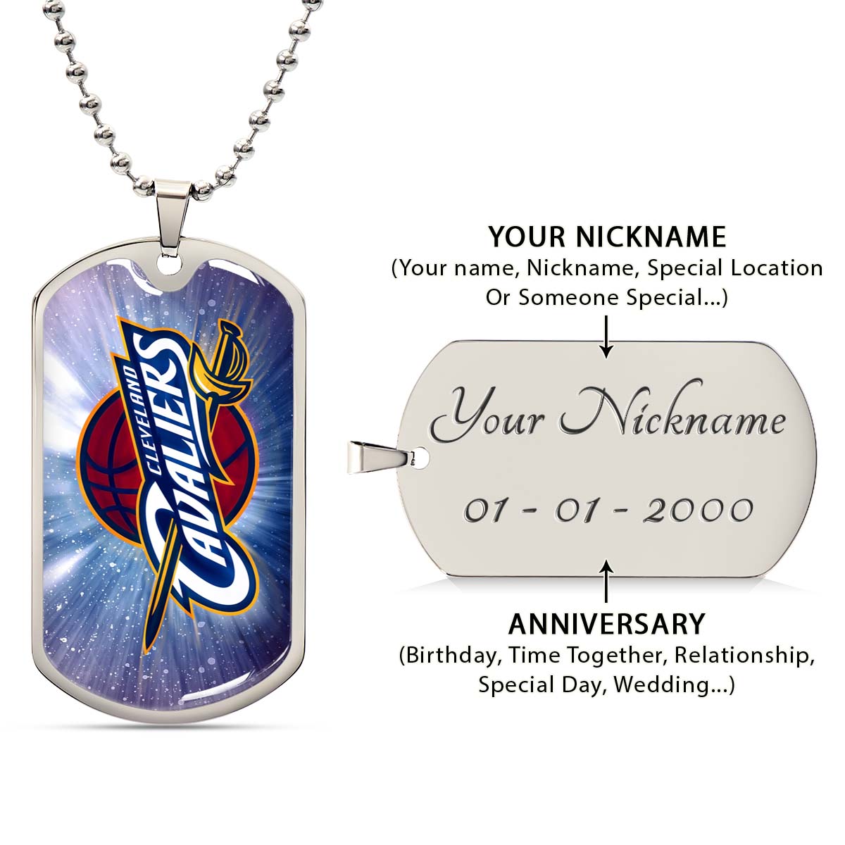Basketball Dog Tag Necklace - BKD010 - Cleveland Cavaliers - Military Ball Chain