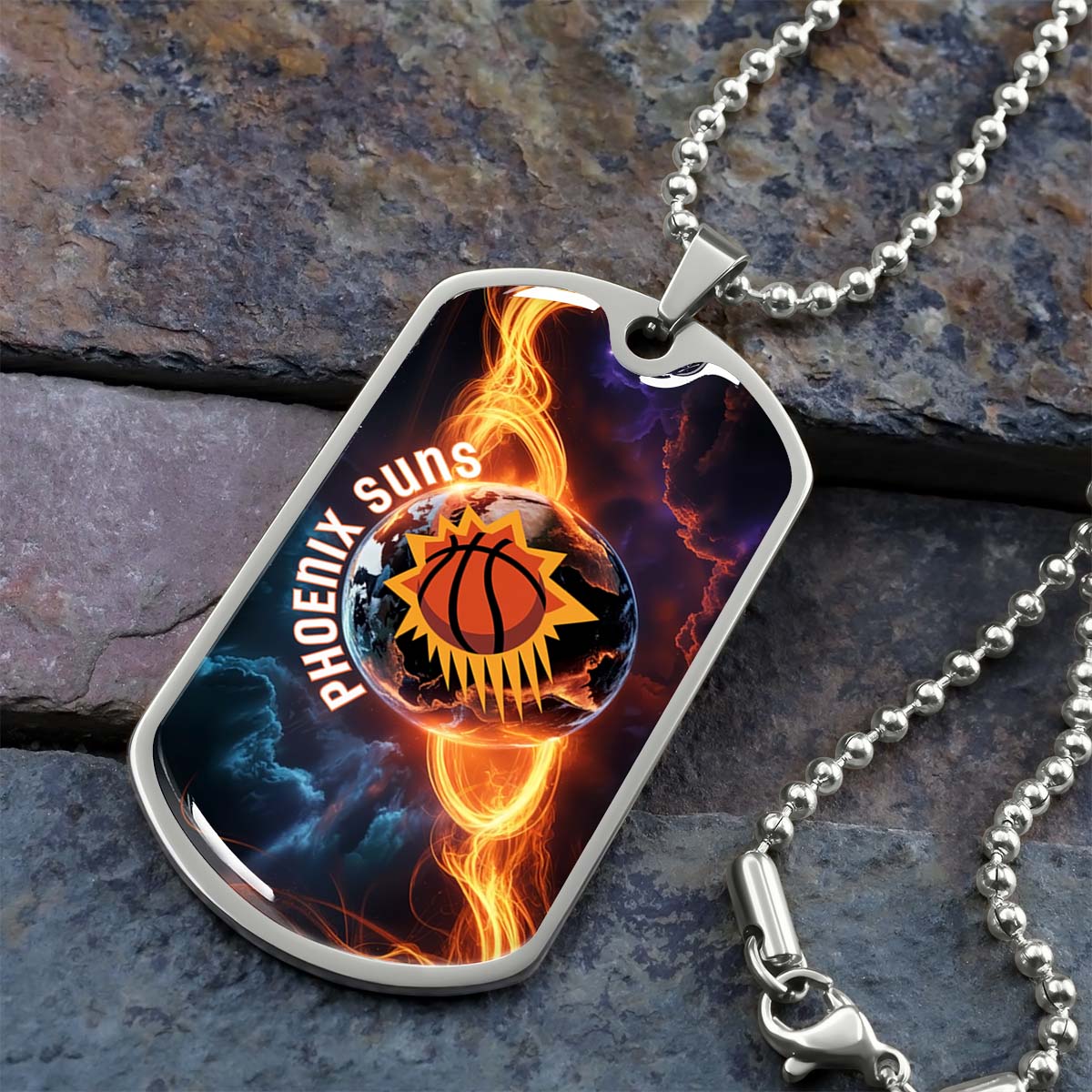 Basketball Dog Tag Necklace - BKD011 - Phoenix Suns - Fiery Basketball Globe Spotlight - Military Ball Chain