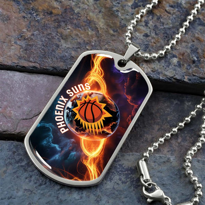 Basketball Dog Tag Necklace - BKD011 - Phoenix Suns - Fiery Basketball Globe Spotlight - Military Ball Chain