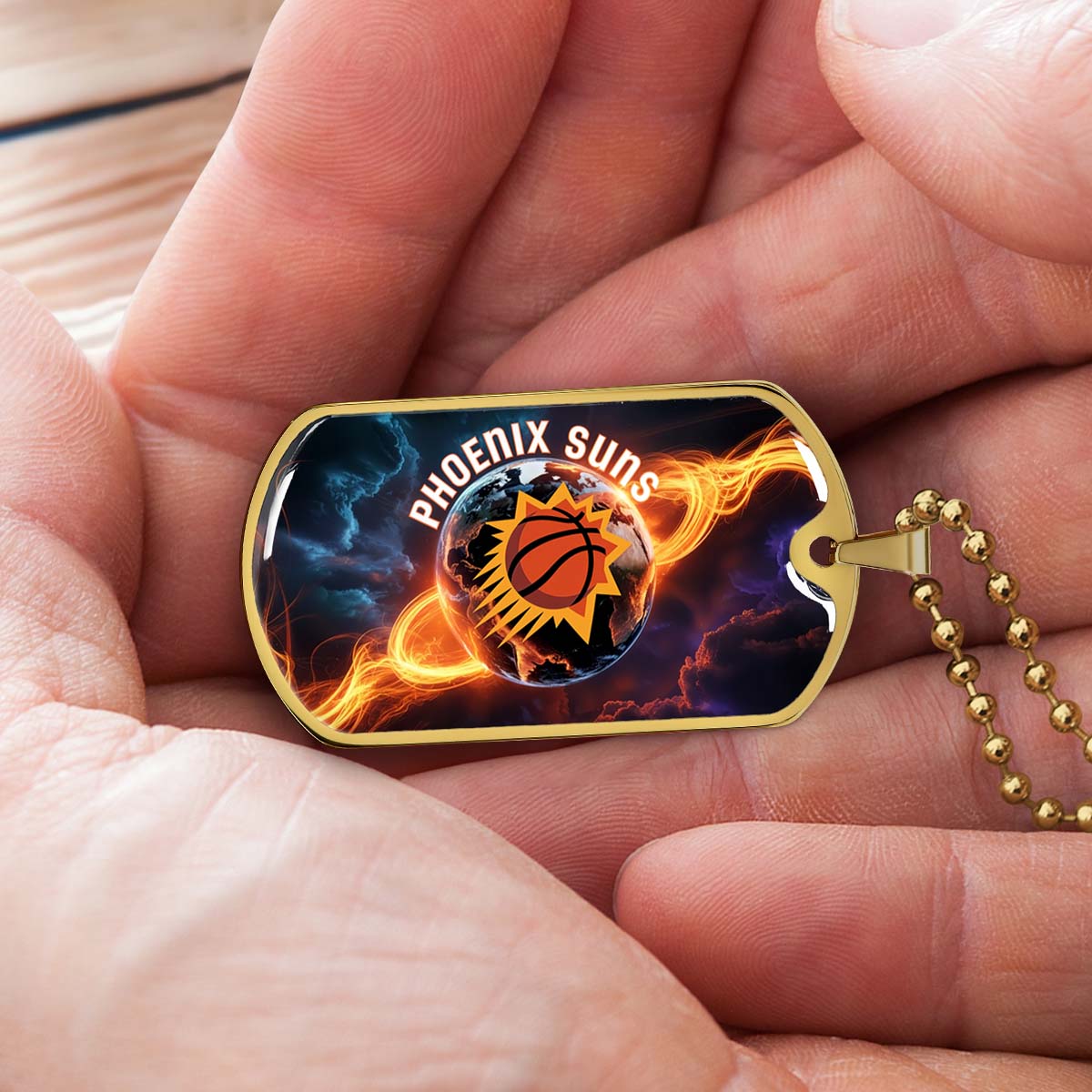 Basketball Dog Tag Necklace - BKD011 - Phoenix Suns - Fiery Basketball Globe Spotlight - Military Ball Chain