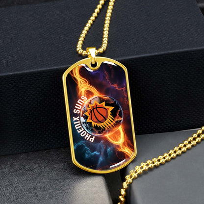 Basketball Dog Tag Necklace - BKD011 - Phoenix Suns - Fiery Basketball Globe Spotlight - Military Ball Chain