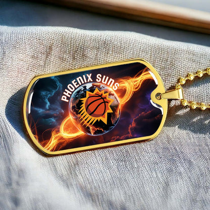 Basketball Dog Tag Necklace - BKD011 - Phoenix Suns - Fiery Basketball Globe Spotlight - Military Ball Chain