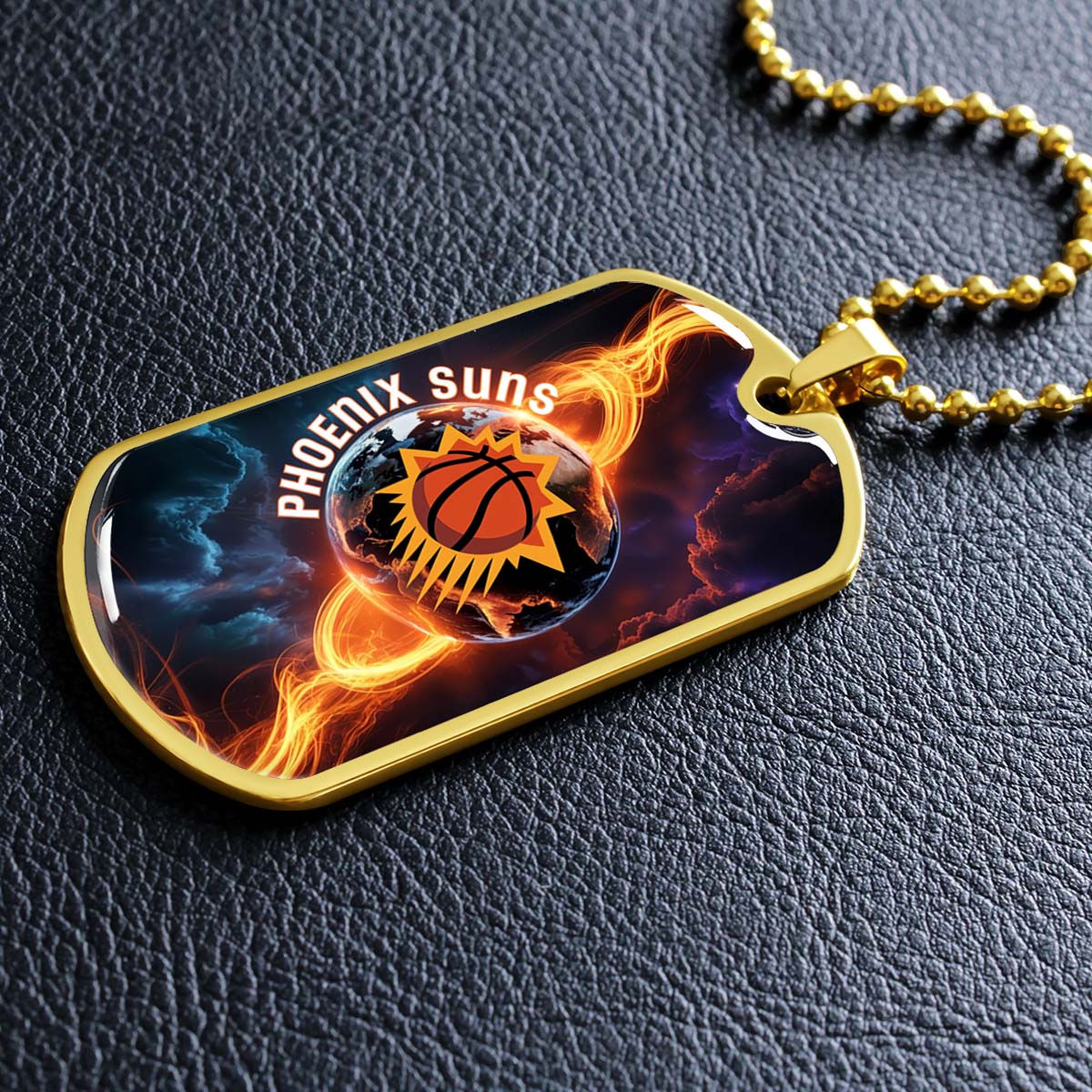Basketball Dog Tag Necklace - BKD011 - Phoenix Suns - Fiery Basketball Globe Spotlight - Military Ball Chain