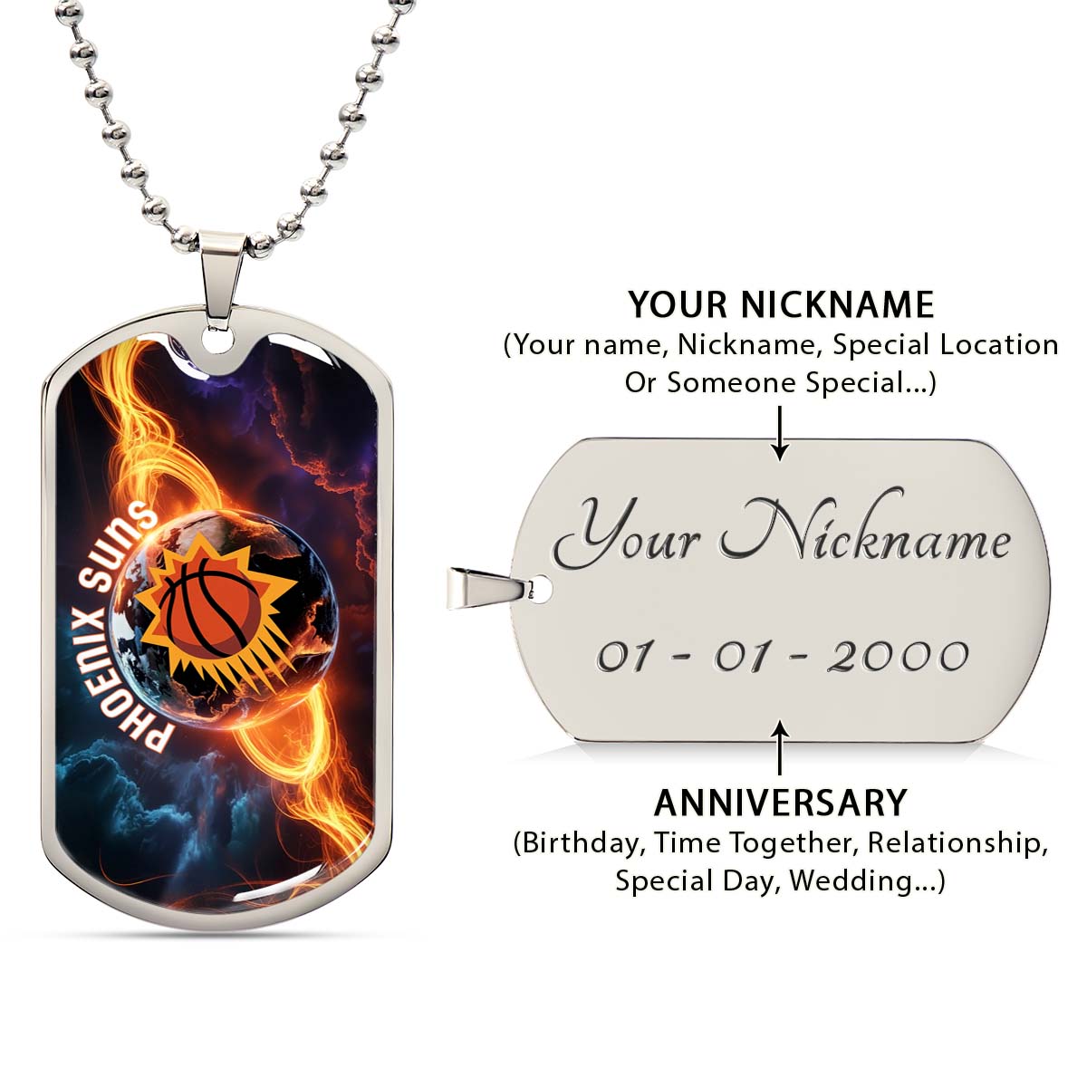 Basketball Dog Tag Necklace - BKD011 - Phoenix Suns - Fiery Basketball Globe Spotlight - Military Ball Chain