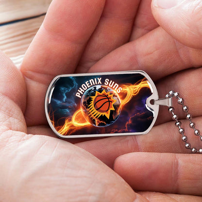 Basketball Dog Tag Necklace - BKD011 - Phoenix Suns - Fiery Basketball Globe Spotlight - Military Ball Chain