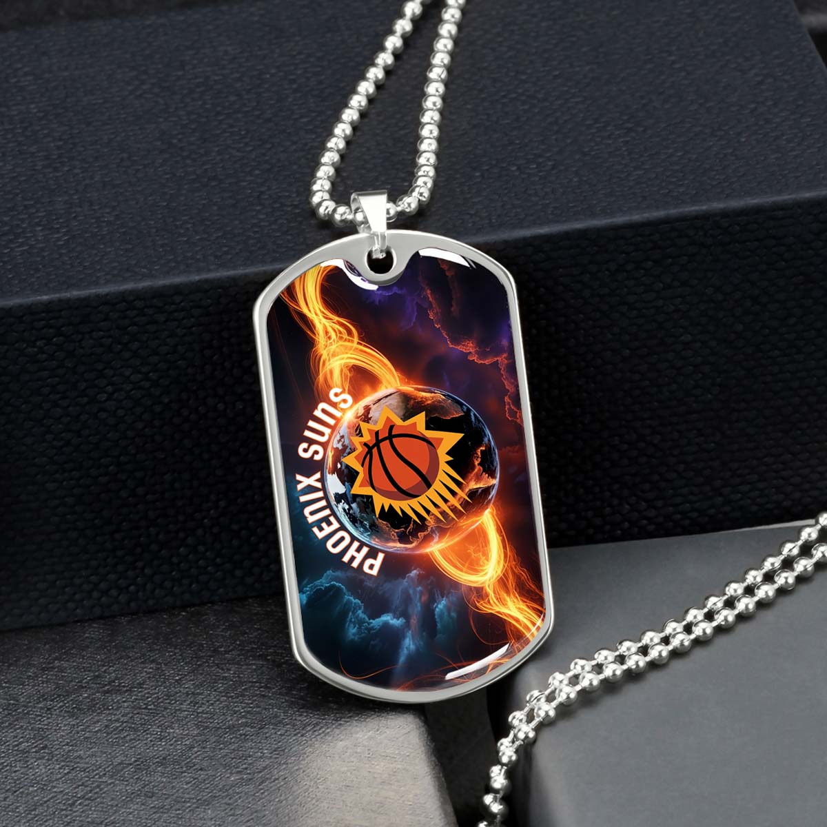 Basketball Dog Tag Necklace - BKD011 - Phoenix Suns - Fiery Basketball Globe Spotlight - Military Ball Chain