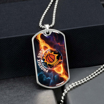Basketball Dog Tag Necklace - BKD011 - Phoenix Suns - Fiery Basketball Globe Spotlight - Military Ball Chain