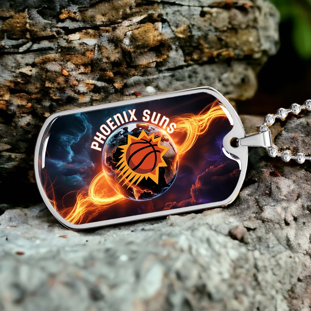 Basketball Dog Tag Necklace - BKD011 - Phoenix Suns - Fiery Basketball Globe Spotlight - Military Ball Chain