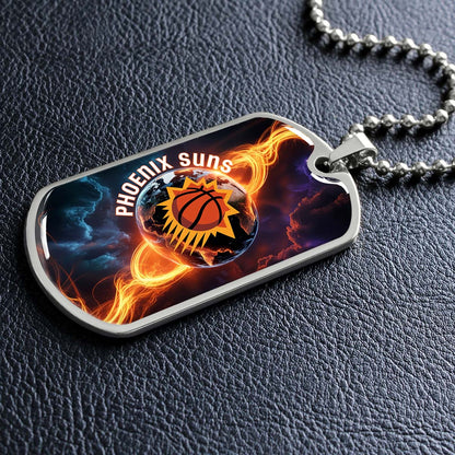 Basketball Dog Tag Necklace - BKD011 - Phoenix Suns - Fiery Basketball Globe Spotlight - Military Ball Chain