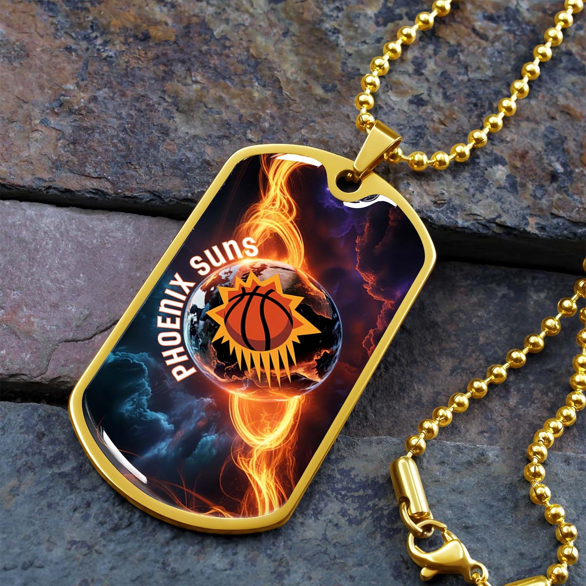 Basketball Dog Tag Necklace - BKD011 - Phoenix Suns - Fiery Basketball Globe Spotlight - Military Ball Chain