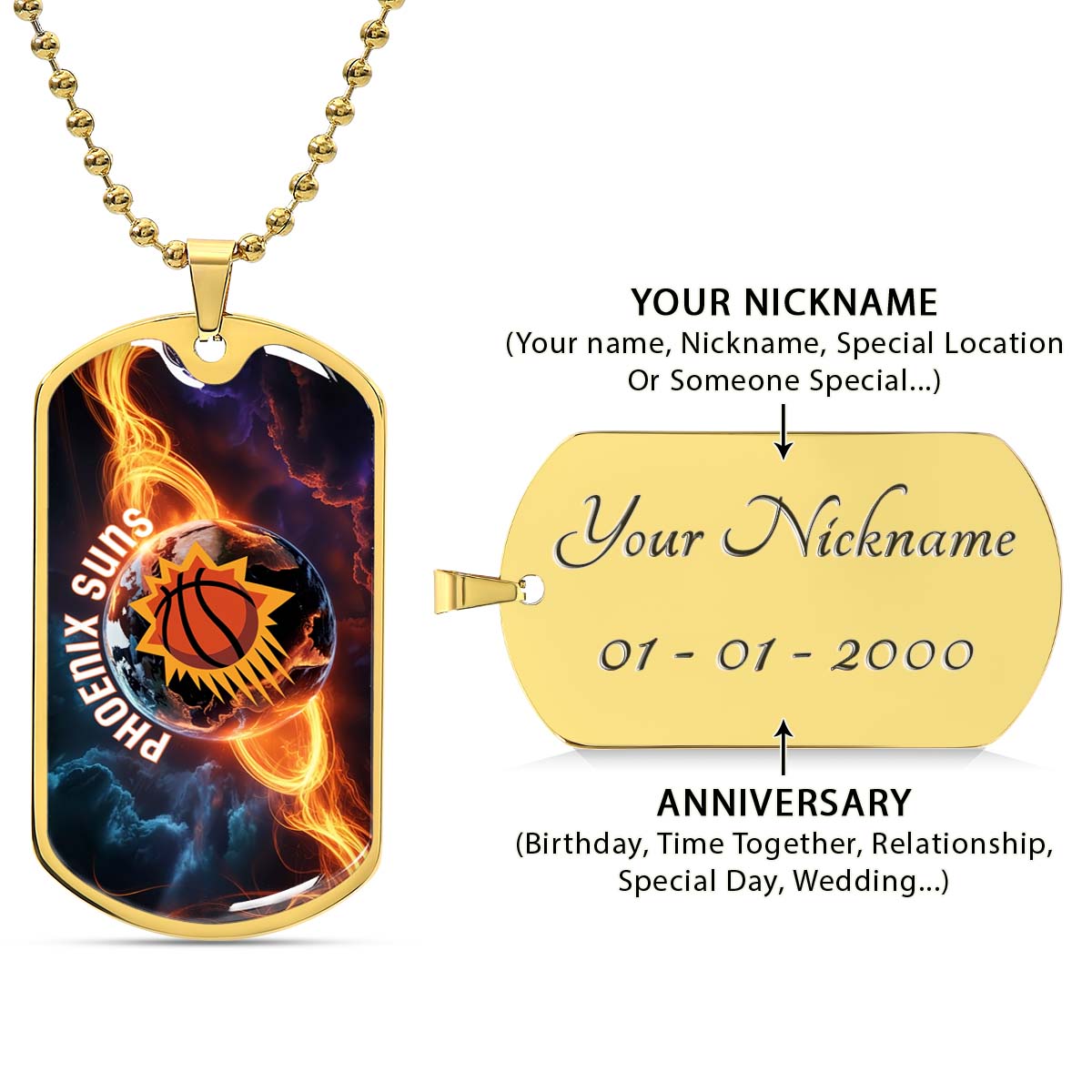 Basketball Dog Tag Necklace - BKD011 - Phoenix Suns - Fiery Basketball Globe Spotlight - Military Ball Chain