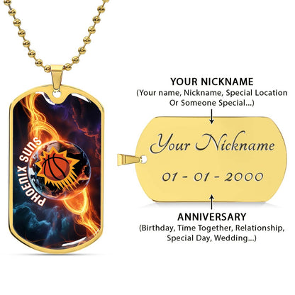 Basketball Dog Tag Necklace - BKD011 - Phoenix Suns - Fiery Basketball Globe Spotlight - Military Ball Chain