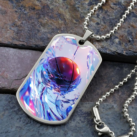 Basketball Dog Tag Necklace - BKD012 - Basketball in Dynamic Splash - Military Ball Chain