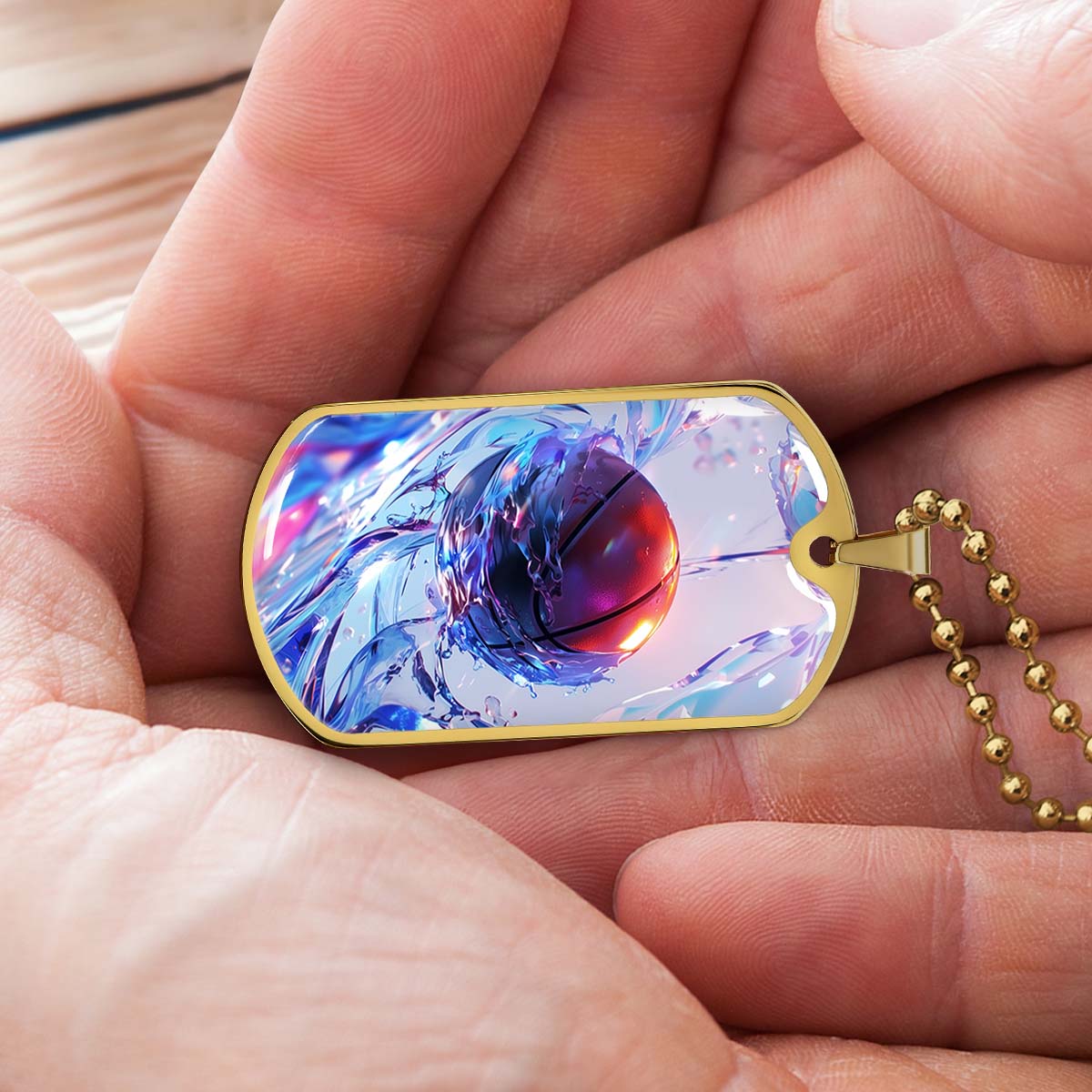 Basketball Dog Tag Necklace - BKD012 - Basketball in Dynamic Splash - Military Ball Chain
