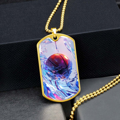 Basketball Dog Tag Necklace - BKD012 - Basketball in Dynamic Splash - Military Ball Chain