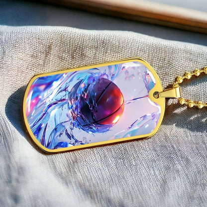 Basketball Dog Tag Necklace - BKD012 - Basketball in Dynamic Splash - Military Ball Chain