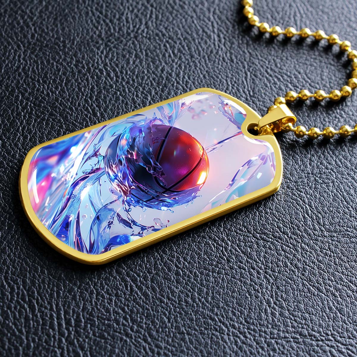 Basketball Dog Tag Necklace - BKD012 - Basketball in Dynamic Splash - Military Ball Chain