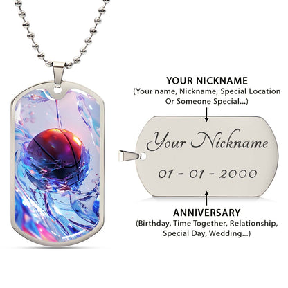 Basketball Dog Tag Necklace - BKD012 - Basketball in Dynamic Splash - Military Ball Chain