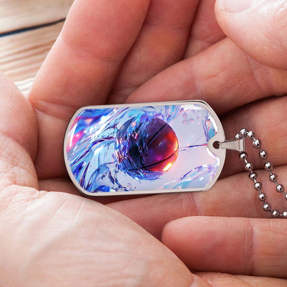 Basketball Dog Tag Necklace - BKD012 - Basketball in Dynamic Splash - Military Ball Chain