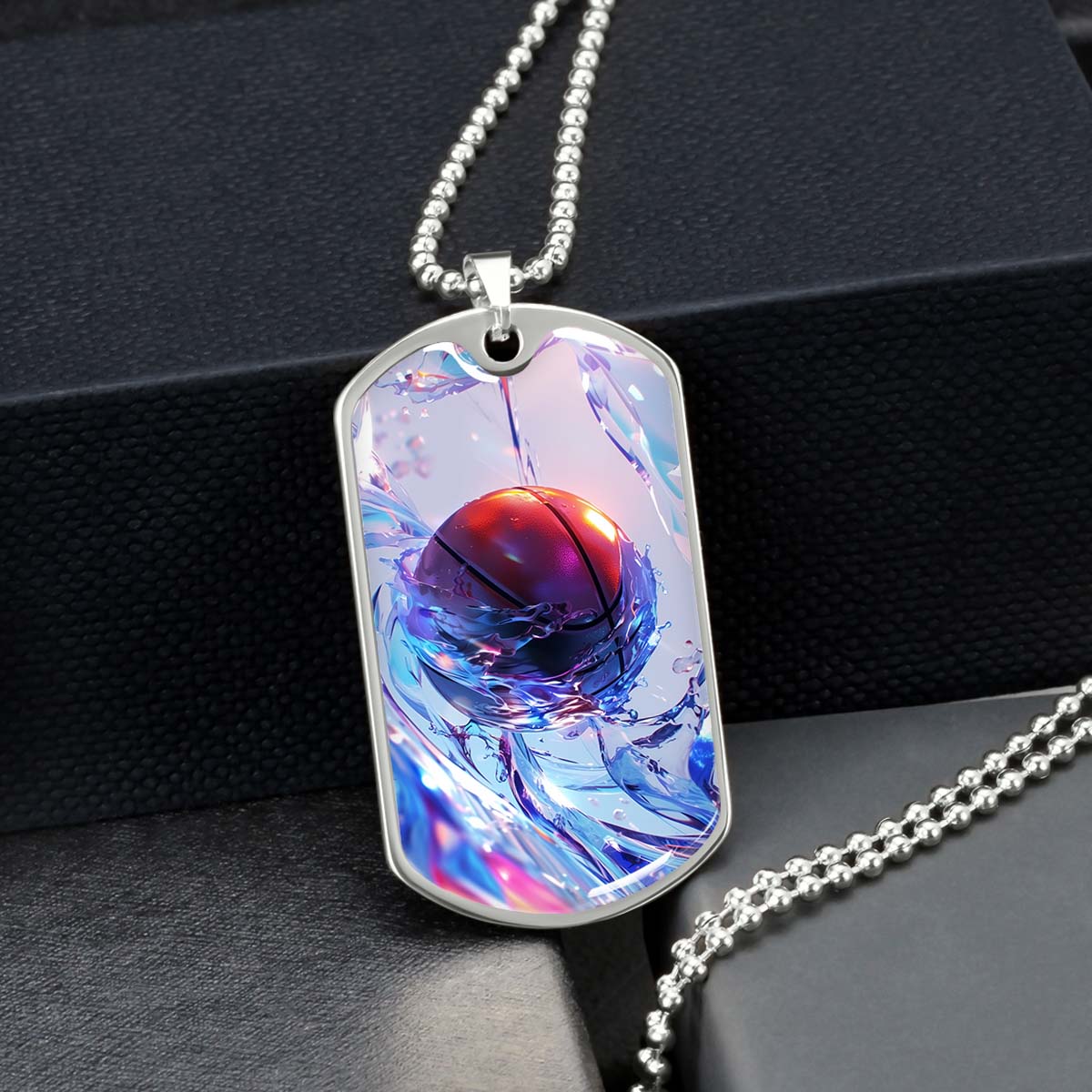 Basketball Dog Tag Necklace - BKD012 - Basketball in Dynamic Splash - Military Ball Chain