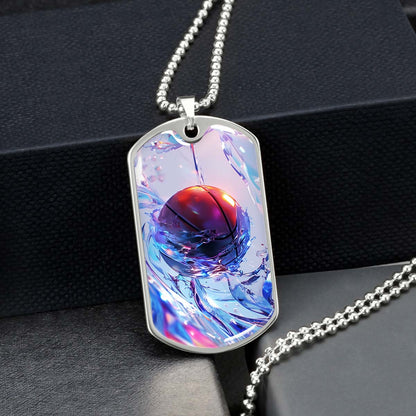 Basketball Dog Tag Necklace - BKD012 - Basketball in Dynamic Splash - Military Ball Chain