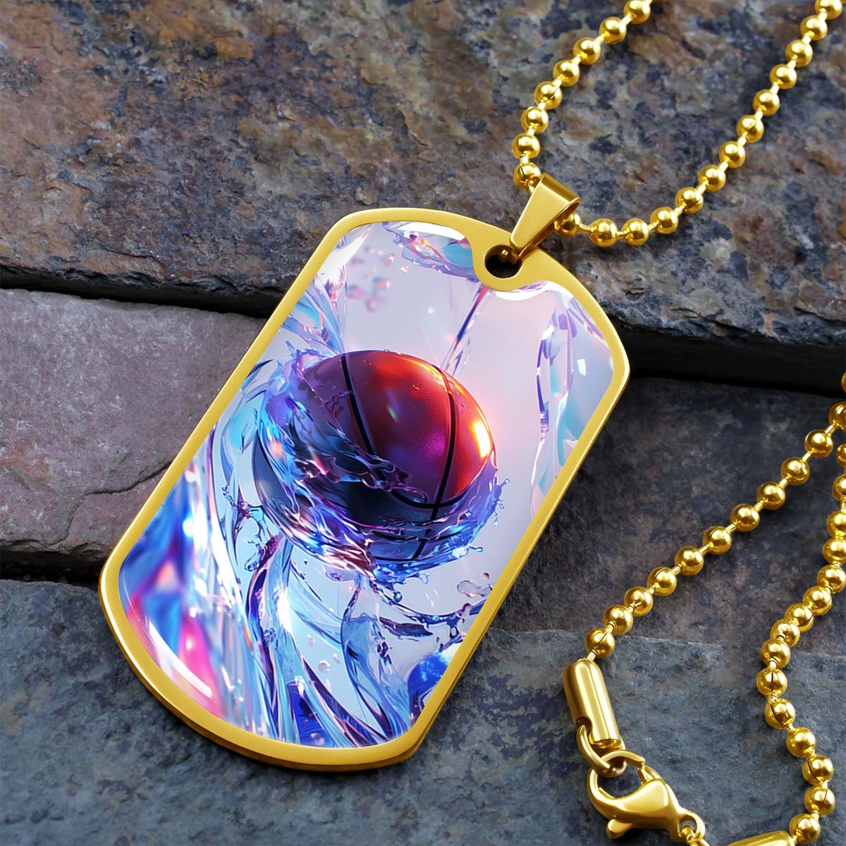 Basketball Dog Tag Necklace - BKD012 - Basketball in Dynamic Splash - Military Ball Chain
