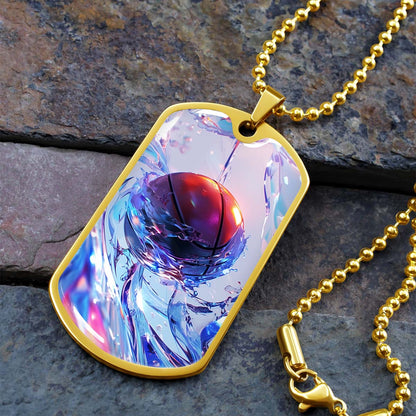 Basketball Dog Tag Necklace - BKD012 - Basketball in Dynamic Splash - Military Ball Chain