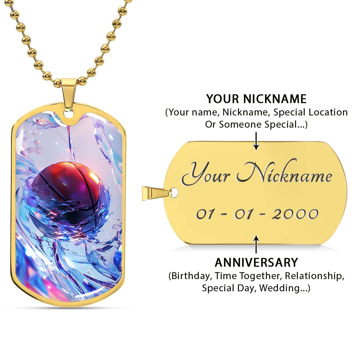 Basketball Dog Tag Necklace - BKD012 - Basketball in Dynamic Splash - Military Ball Chain