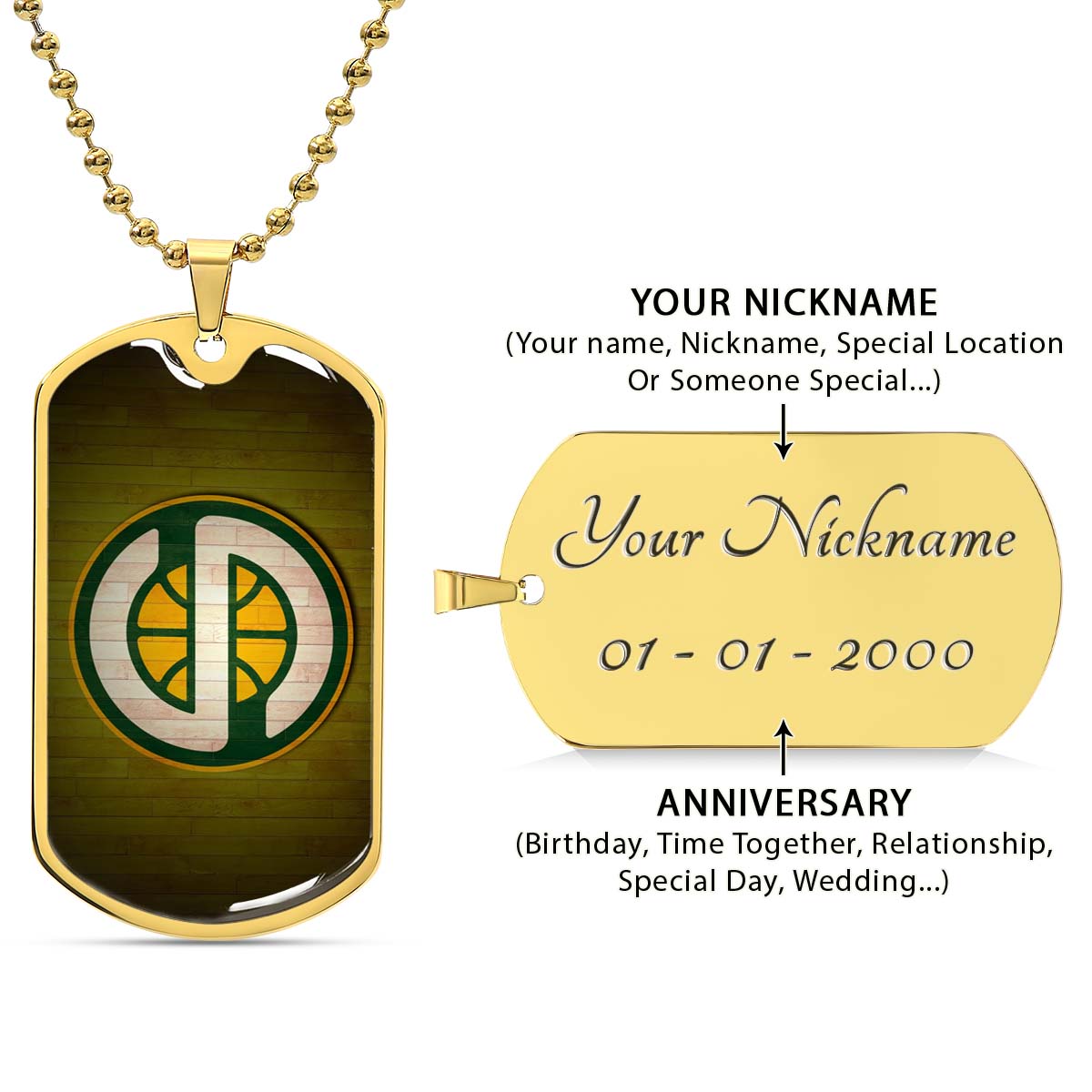 Basketball Dog Tag Necklace - BKD019 - Seattle Supersonics Sports - Military Ball Chain
