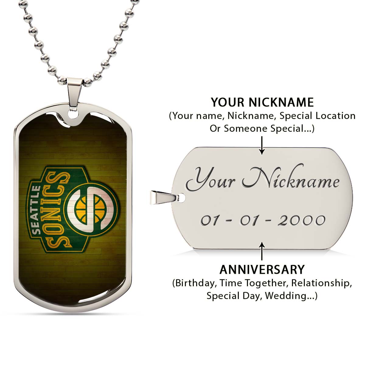 Basketball Dog Tag Necklace - BKD020 - Seattle Supersonics Sports - Military Ball Chain