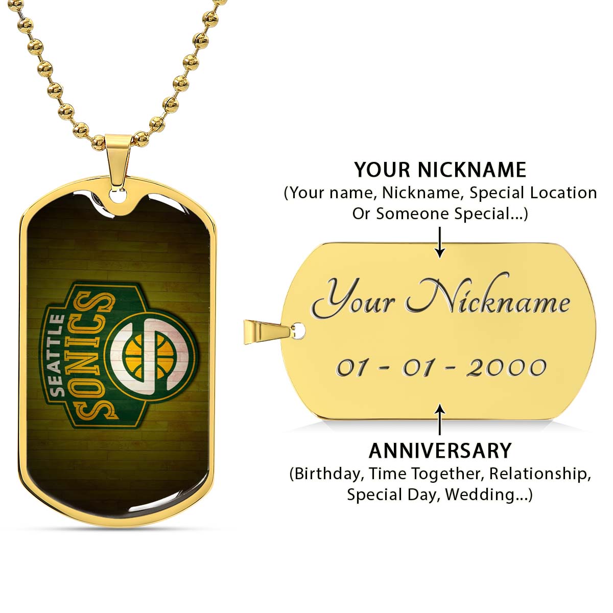 Basketball Dog Tag Necklace - BKD020 - Seattle Supersonics Sports - Military Ball Chain