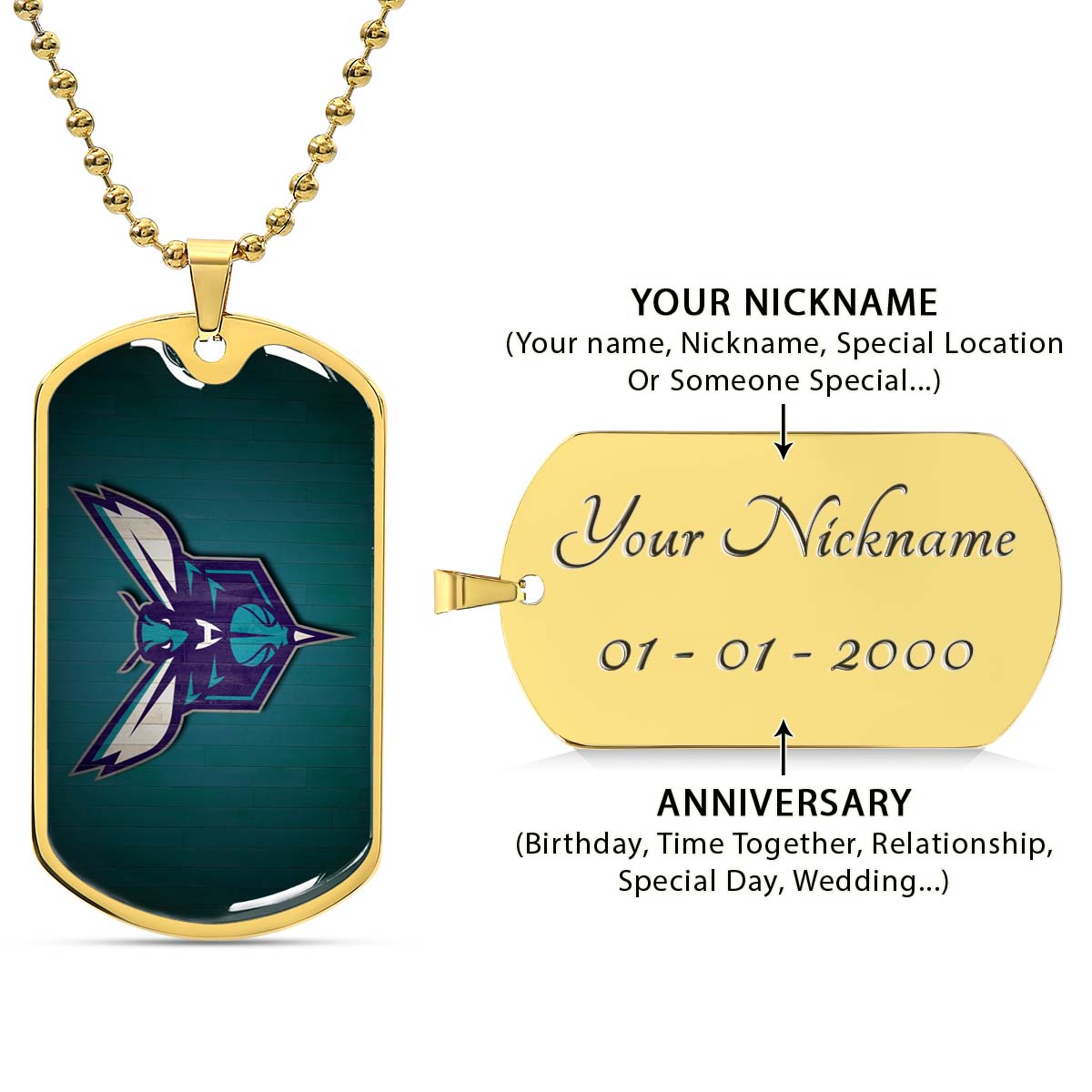 Basketball Dog Tag Necklace - BKD023 - Charlotte Hornets Sports - Military Ball Chain