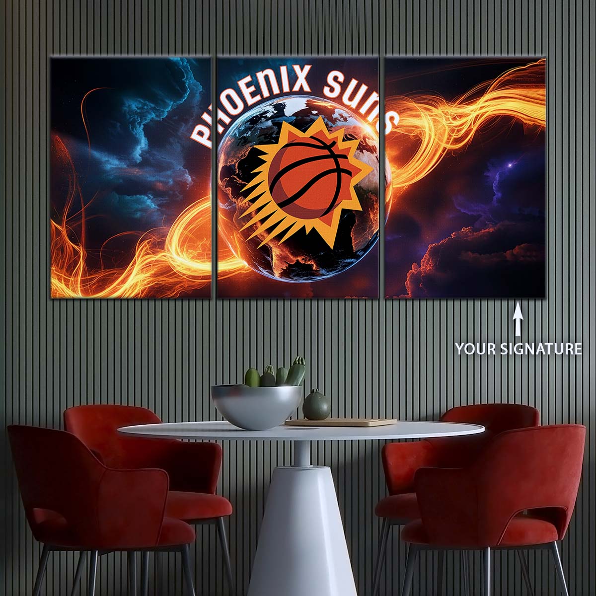 Basketball Canvas Wall Art - BK5054 - Phoenix Suns - Fiery Basketball Globe Spotlight