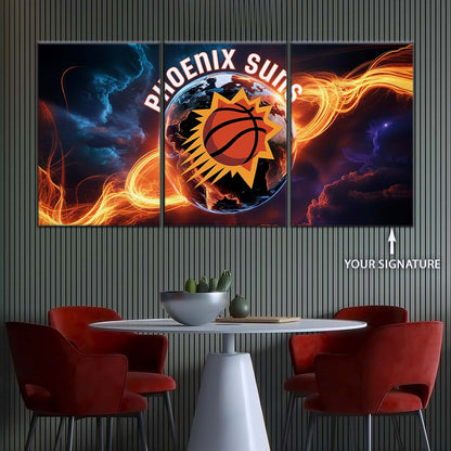 Basketball Canvas Wall Art - BK5054 - Phoenix Suns - Fiery Basketball Globe Spotlight