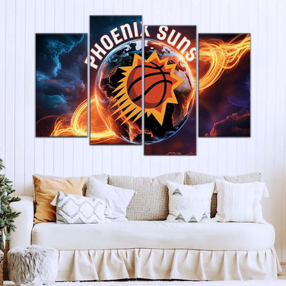 Basketball Canvas Wall Art - BK5054 - Phoenix Suns - Fiery Basketball Globe Spotlight