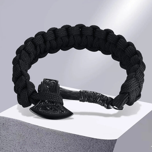 Viking - Chunky Norse Viking Thor's Hammer Bracelets for Men, Black Stainless Steel Mjolnir Scandinavian Rune Amulet Punk Wristband