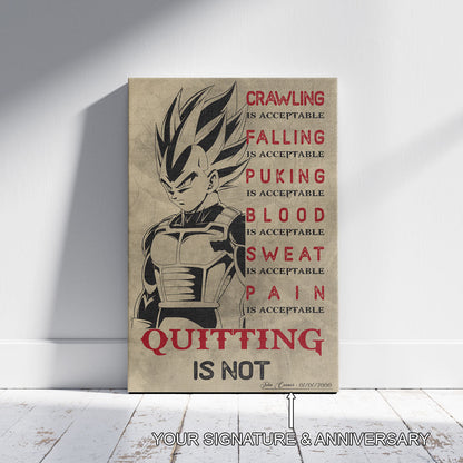 Vegeta Super Saiyan Canvas Wall Art - Dragon Ball Anime Motivational Quote “Quitting Is Not” Print - Ready to Hang Gym Workout Decor - DR014