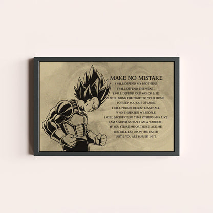 Dragon Ball Z Super Saiyan Vegeta Canvas Wall Art - Make No Mistake - Motivational Quote Print - Ready to Hang Anime Decor for Boys Room, Man Cave - DR026