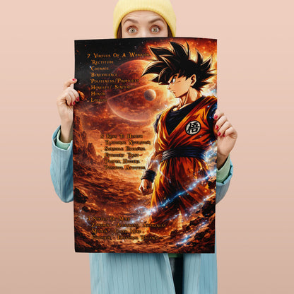 Goku Dragon Ball Z Motivational Canvas Wall Art - 7 Virtues of a Warrior & 5 Keys to Health - Anime Poster Room Decor - DR080