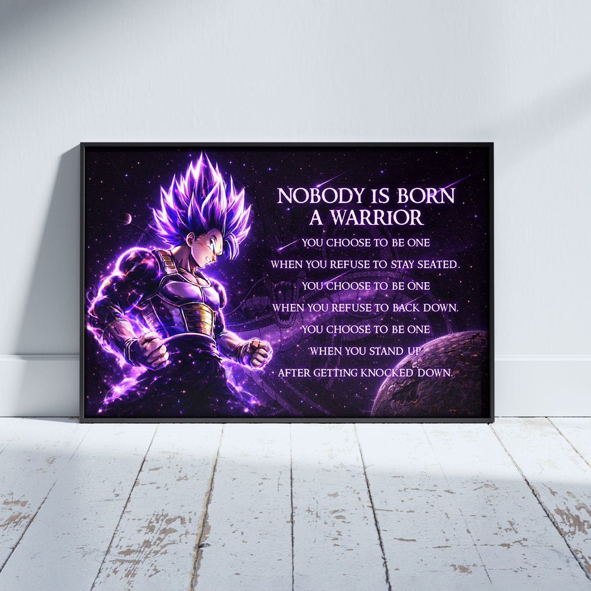 Dragon Ball Super Vegeta Ultra Ego Canvas Wall Art - Nobody Is Born A Warrior - Motivational Quote Print - Ready to Hang Anime Decor for Boys Room, Man Cave - DR090