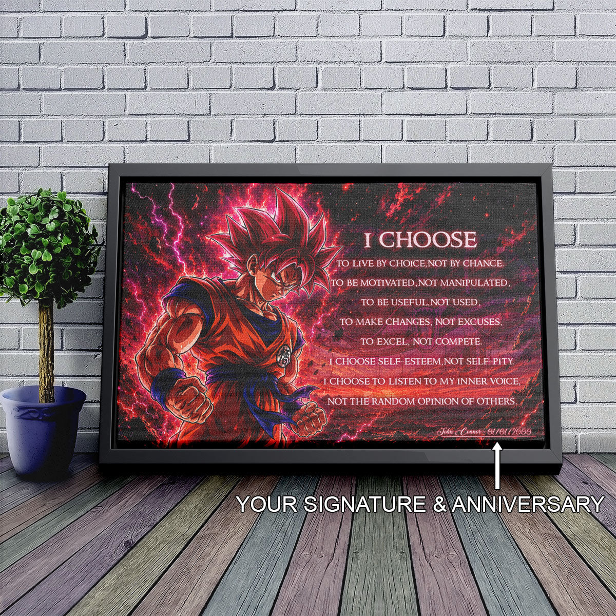 Goku Super Saiyan God Canvas Wall Art - Dragon Ball Super Motivational Quote "I Choose" Print - Ready to Hang Home Office Decor - DR095